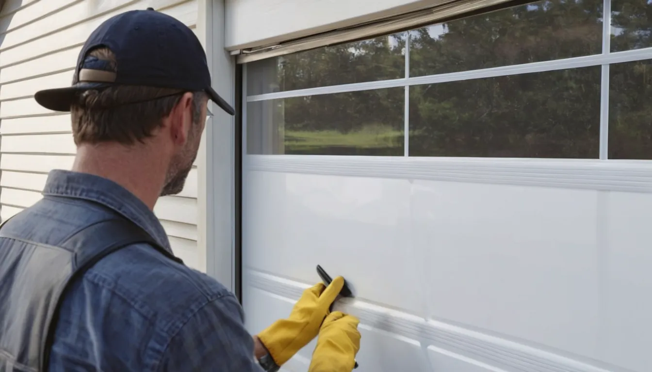A provider checking garage door track alignment in the Powder Springs area